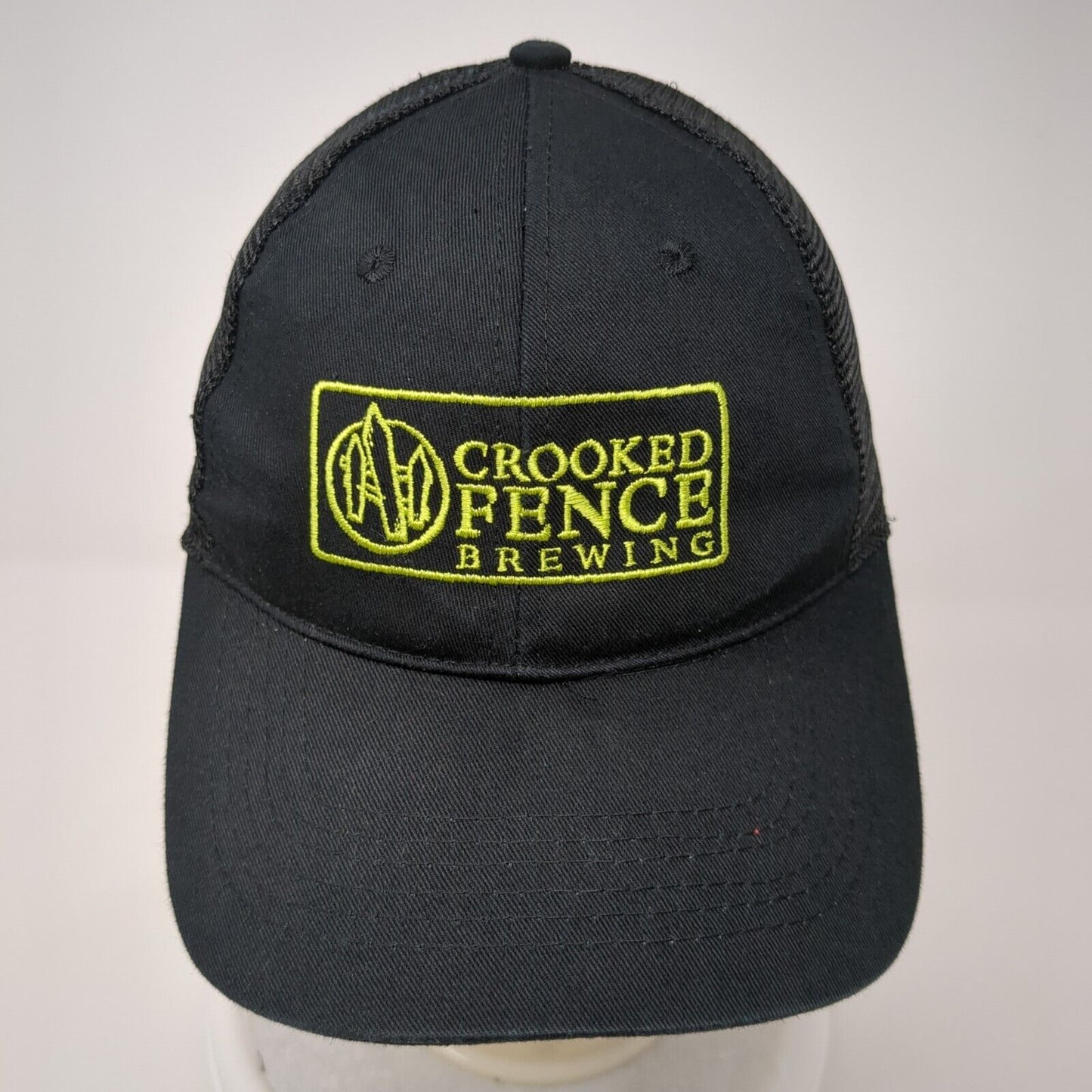 Crooked Fence Brewing Snapback Trucker Hat Black One Size Mesh Back