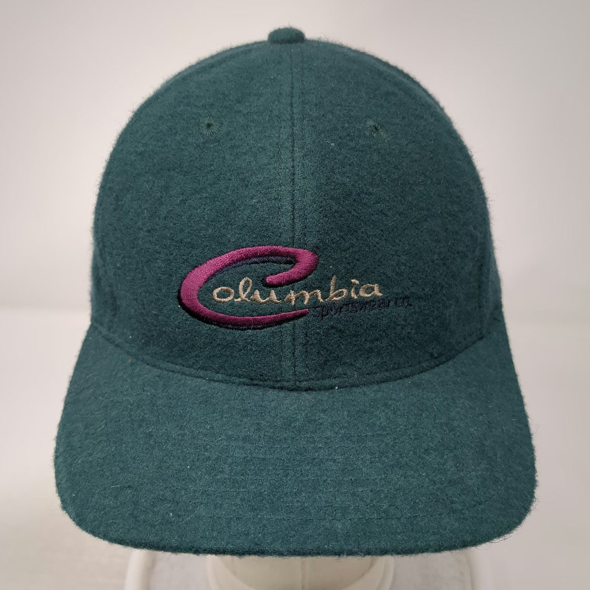 Columbia Baseball Cap Green One Size Wool Blend Leather Strapback Hat Logo