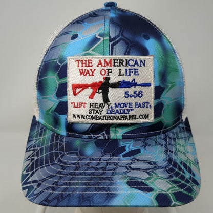 Richardson Trucker Hat Blue OSFM Combat Iron Apparel Mesh Camo Patch Snapback
