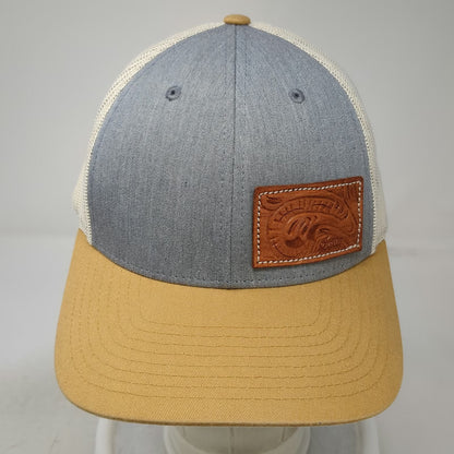 Richardson Trucker Hat Gray Brown Beige L Mesh Snapback Tooled Leather Patch 115