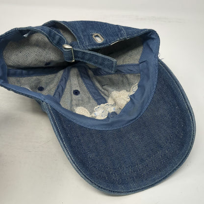 Blue Baseball Cap One Size Denim Floral Embroidered Flower Adjustable Strap Hat