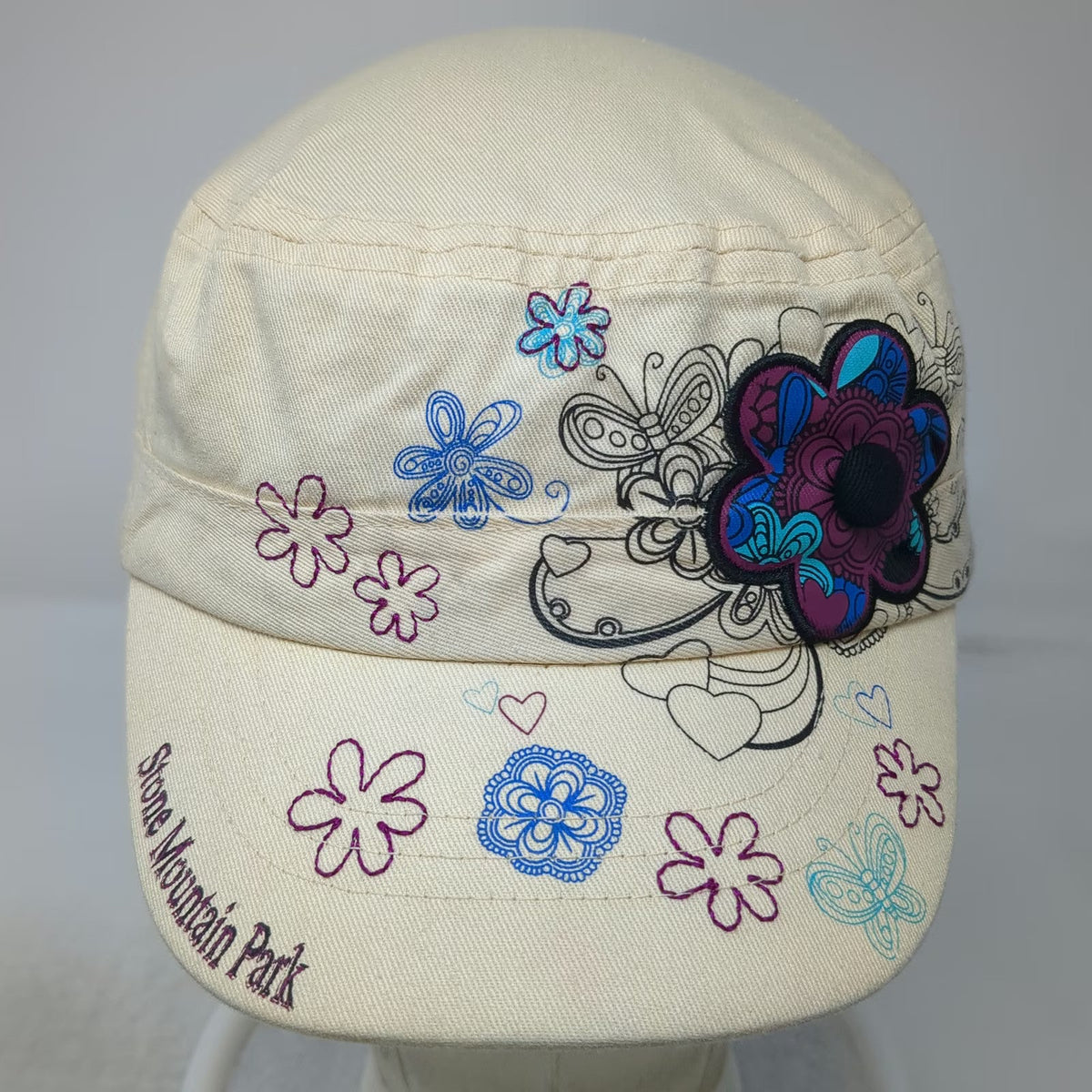 Stone Mountain Park Army Cap Beige OSFM Strapback Floral Butterfly Flower Hat