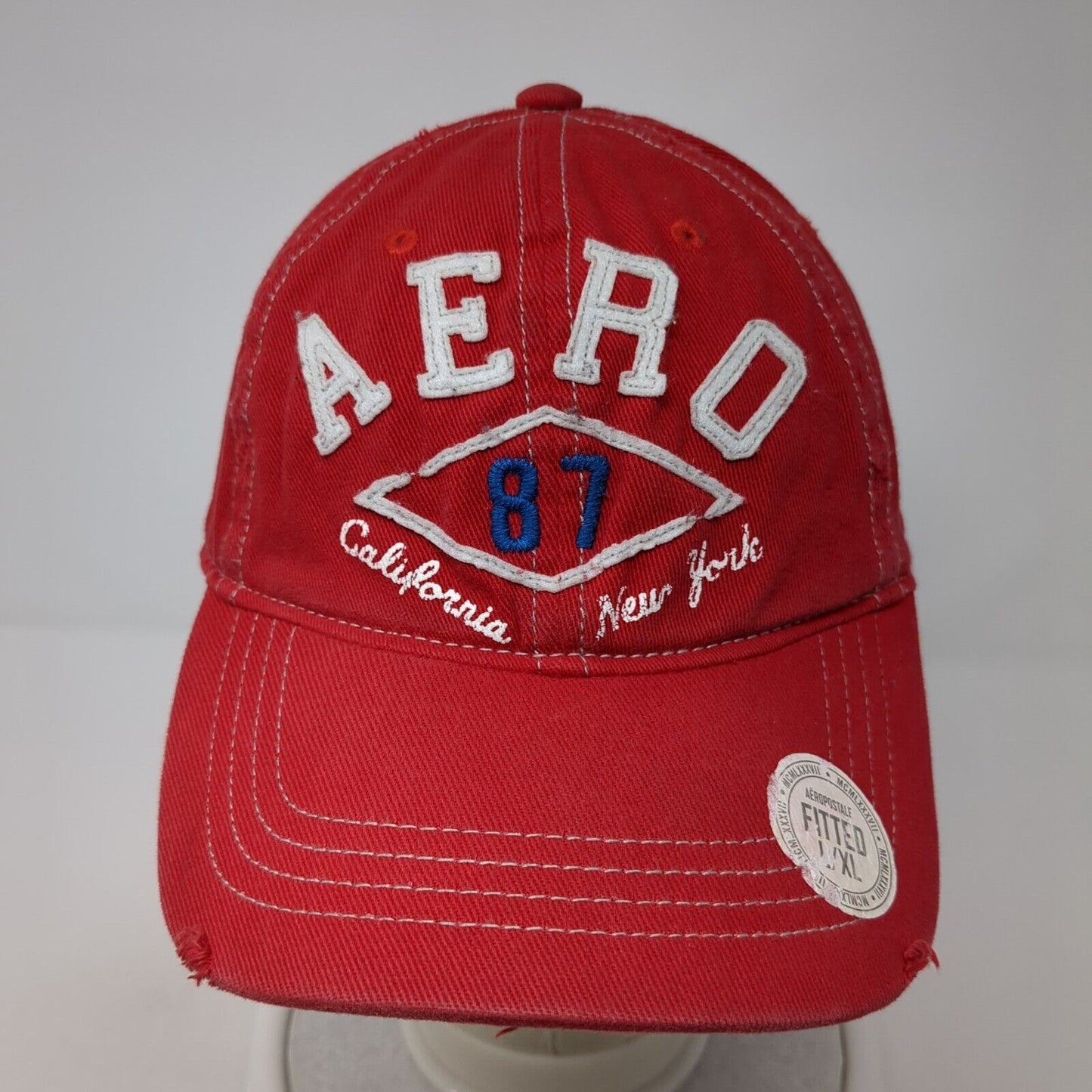 Aero 87 California New York Fitted Hat Red L/XL Nu-Fit Distressed 6 Panel