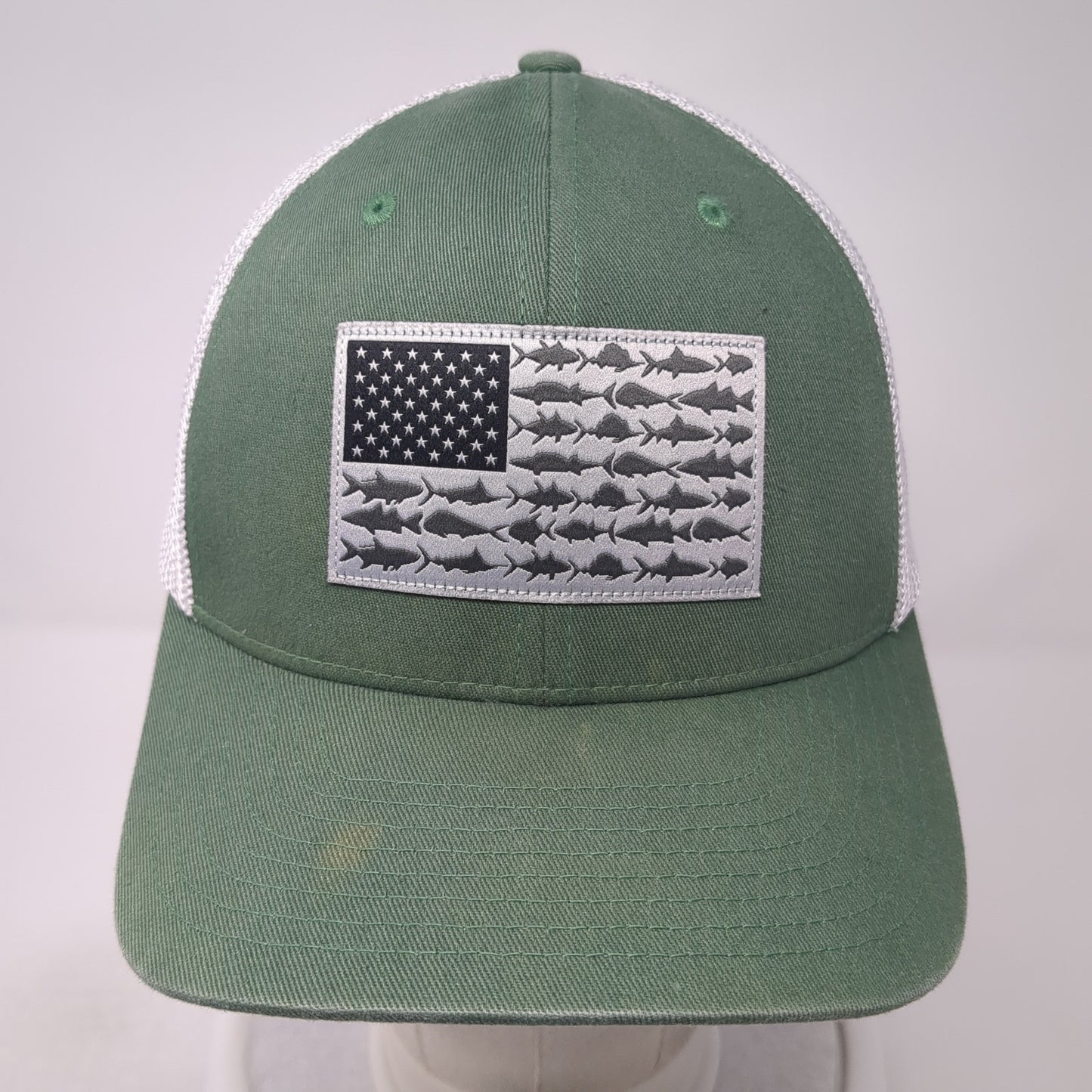 USA Fish Flag Fitted Mesh Back Trucker Hat Green One Size PFG Columbia