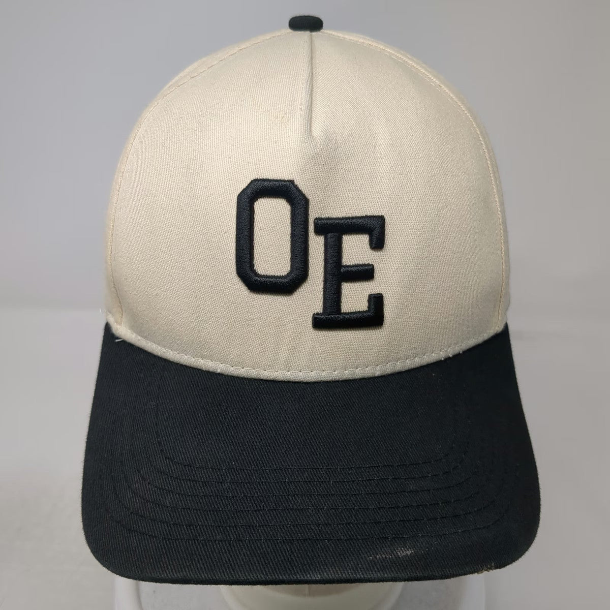 ONLYEVO 5 Panel Beige Black Hat One Size Snapback OE Embroidered Logo Visor