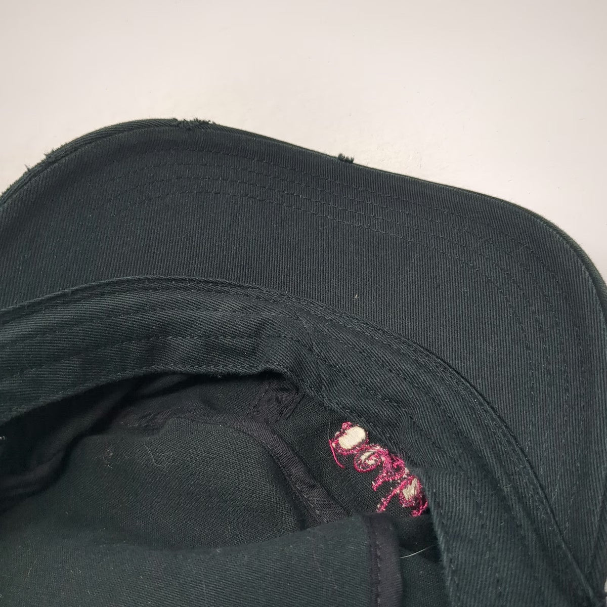 District Army Cap Black One Size Pink Posh Script Embroidery Frayed Edge Hat
