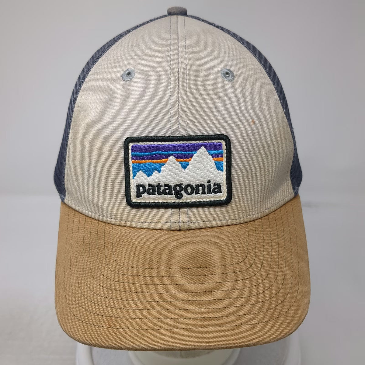 Patagonia Trucker Hat Beige Blue Brown OSFM Mesh Snapback Mountain Logo Patch