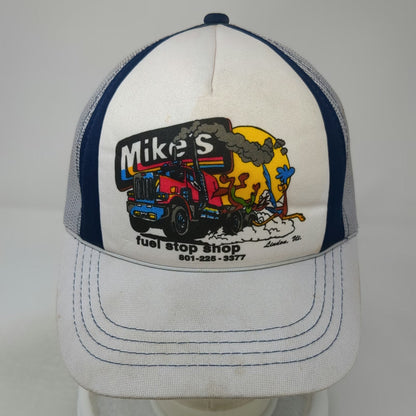 GA Headwear Trucker Hat White Blue OSFM Mike's Fuel Stop Shop Utah Semi Truck