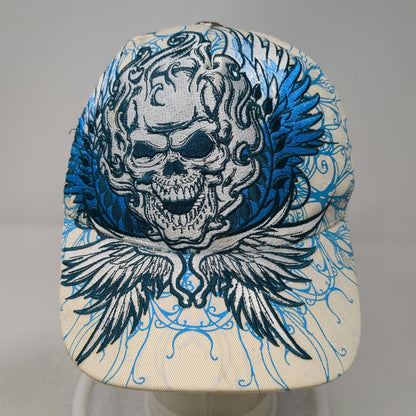 Pugs Gear 5 Panel White Blue One Size Skull Winged Tribal Embroidered Hat