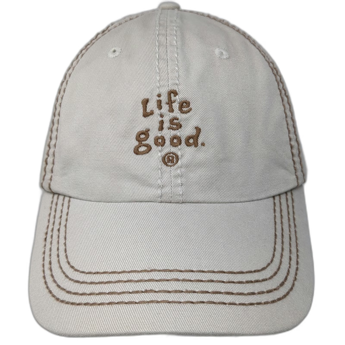 Life is Good Baseball Cap Beige One Size Adjustable Contrast Stitch Brown Hat
