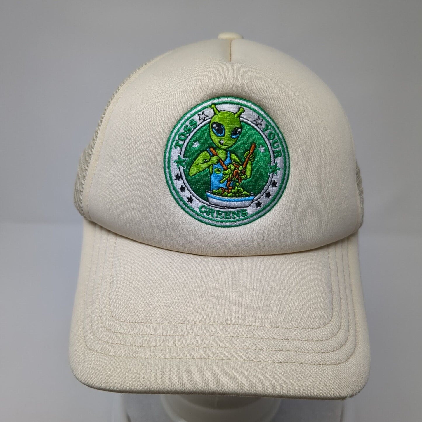 Toss Your Greens Snapback Mesh Back Trucker Hat Tan One Size Adjustable