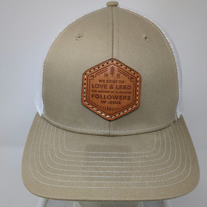 Richardson Trucker Hat Beige One Size Leather Patch Followers of Jesus Mesh