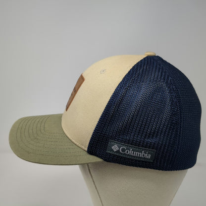 Columbia Baseball Cap Beige Blue Green One Size Mesh Back Leather Patch Hat