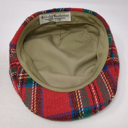 Country Gentleman Flat Cap Red Tartan Plaid Wool Tweed Made USA Hat L Vintage