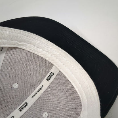 Sykes Snapback Hat White Black One Size Flat Brim Logo Patch Two Tone Cotton