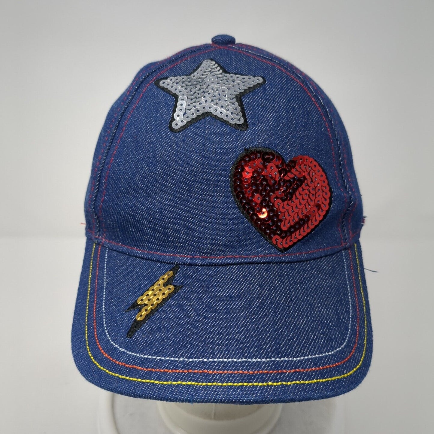 Star Heart Lightning Sequin Strapback Hat Blue One Size Denim Adjustable