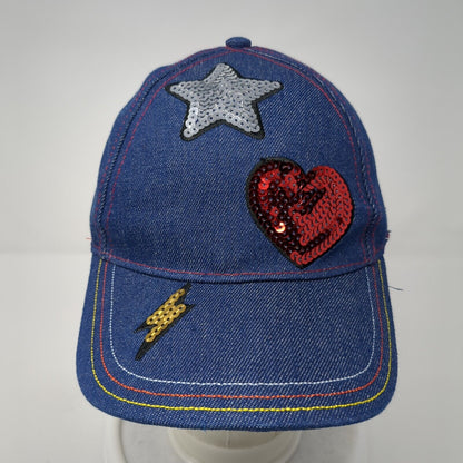 Star Heart Lightning Sequin Strapback Hat Blue One Size Denim Adjustable