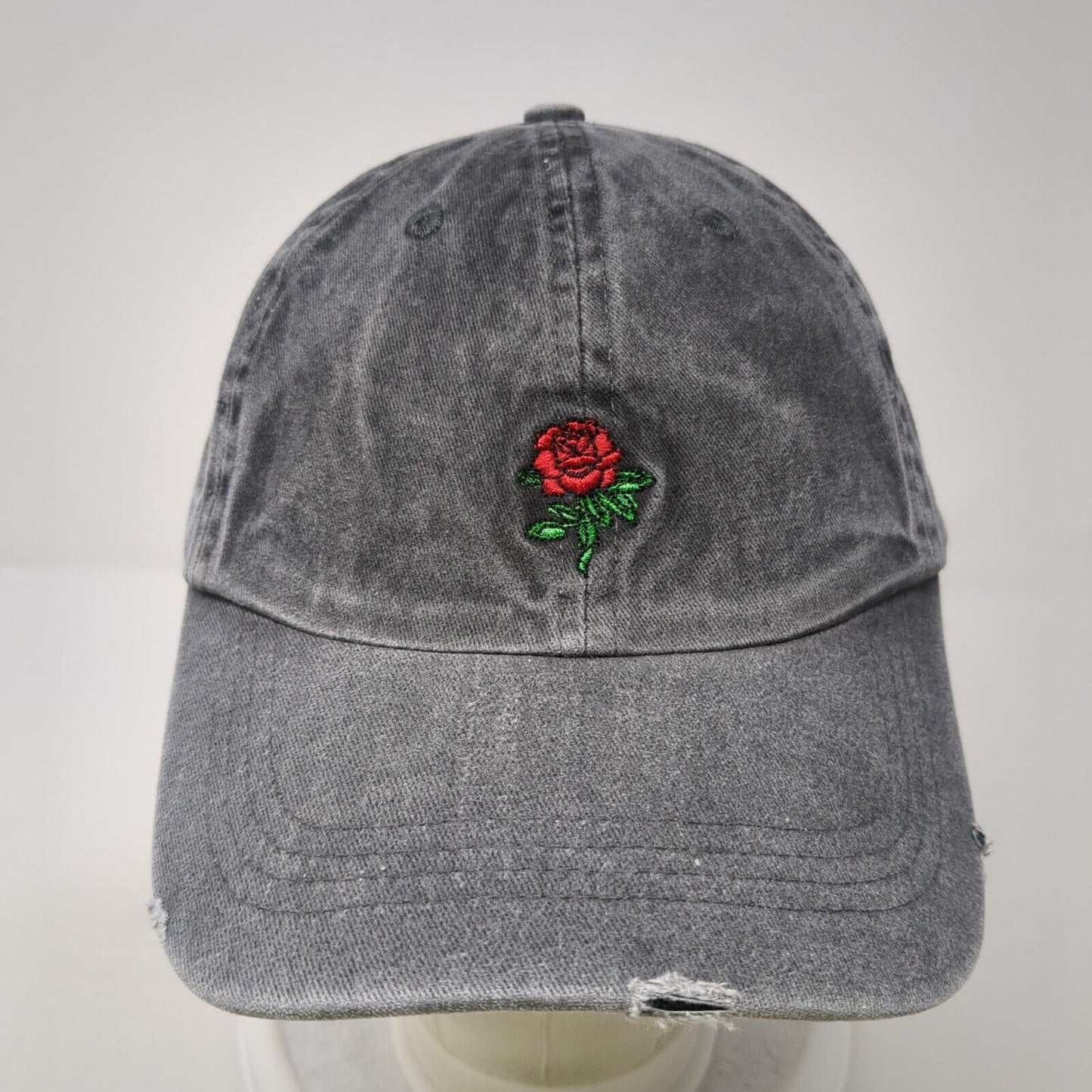Rose Slideback Hat Gray One Size Adjustable Embroidered Flower Distressed Cotton