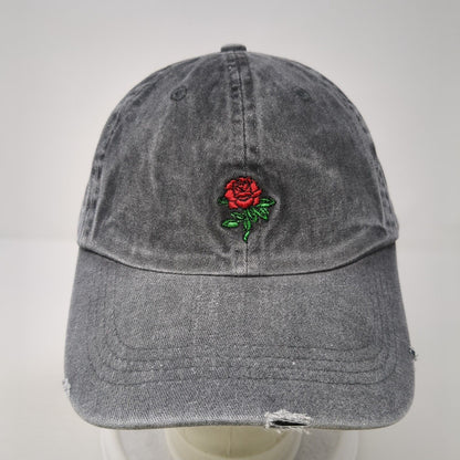 Rose Slideback Hat Gray One Size Adjustable Embroidered Flower Distressed Cotton