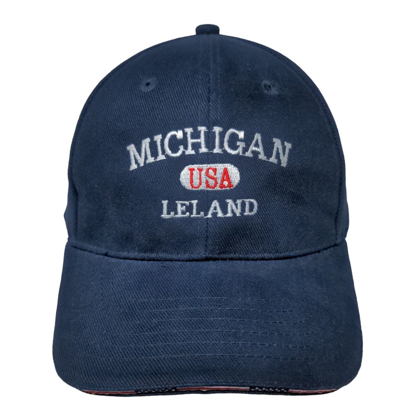 Unbranded Men's Slideback Hat Blue Embroidered Leland Michigan Logo Cotton