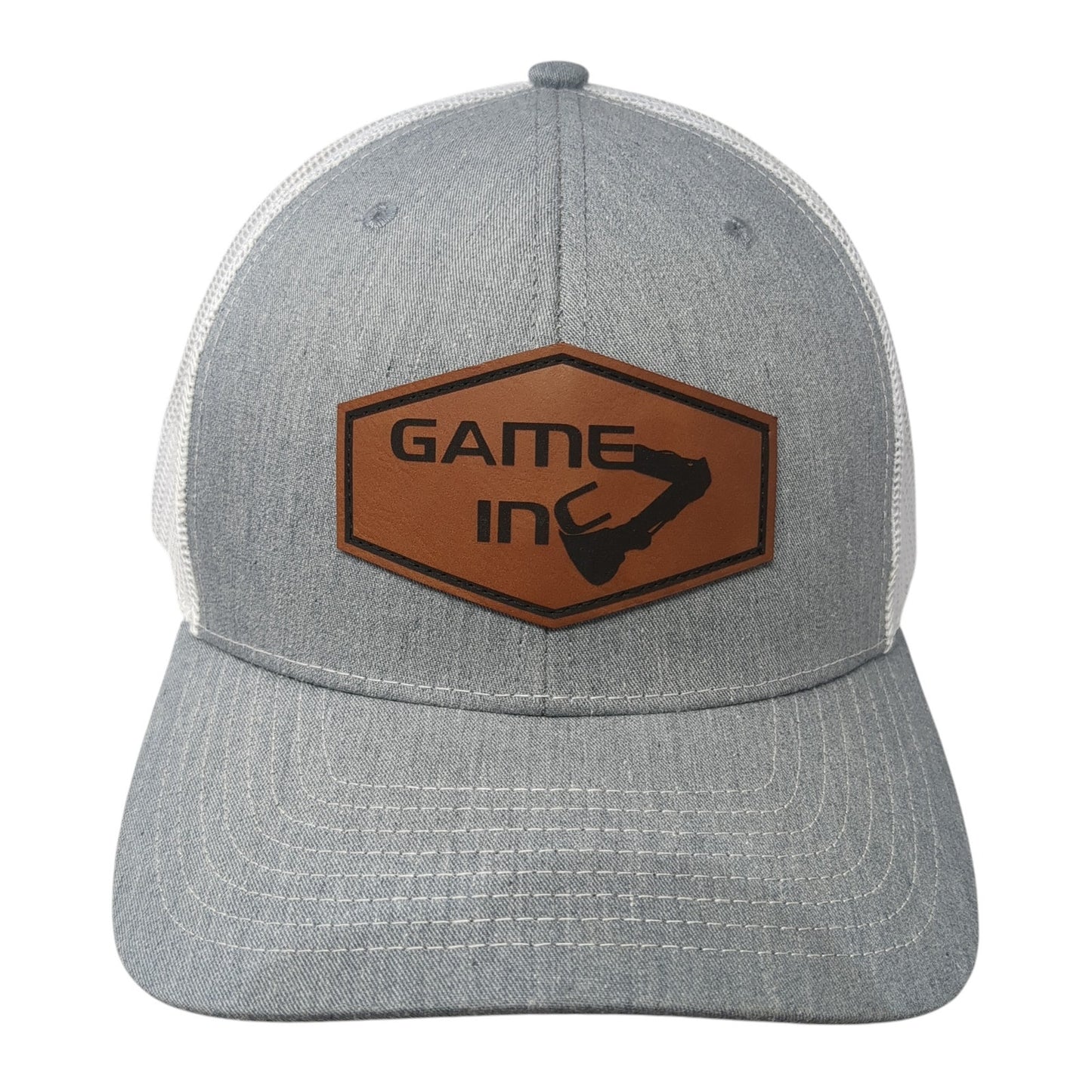 Game Inc Leather Patch Snapback Trucker Hat Gray One Size Mesh Back
