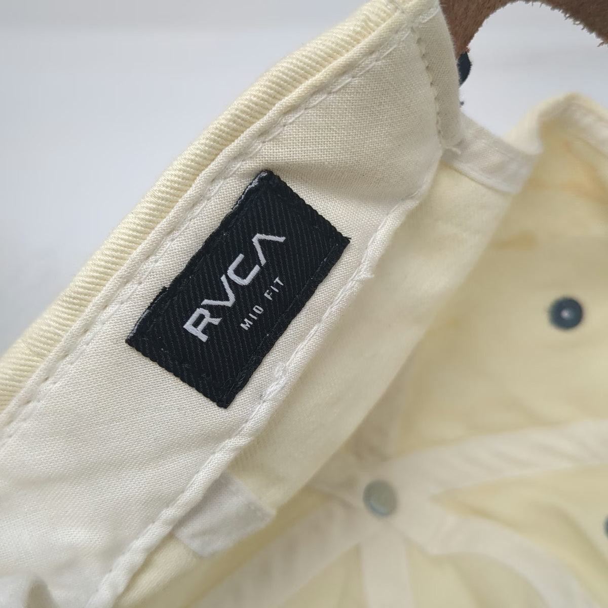 RVCA Baseball Cap Beige One Size Leather Strapback VA Logo Felt Applique Hat