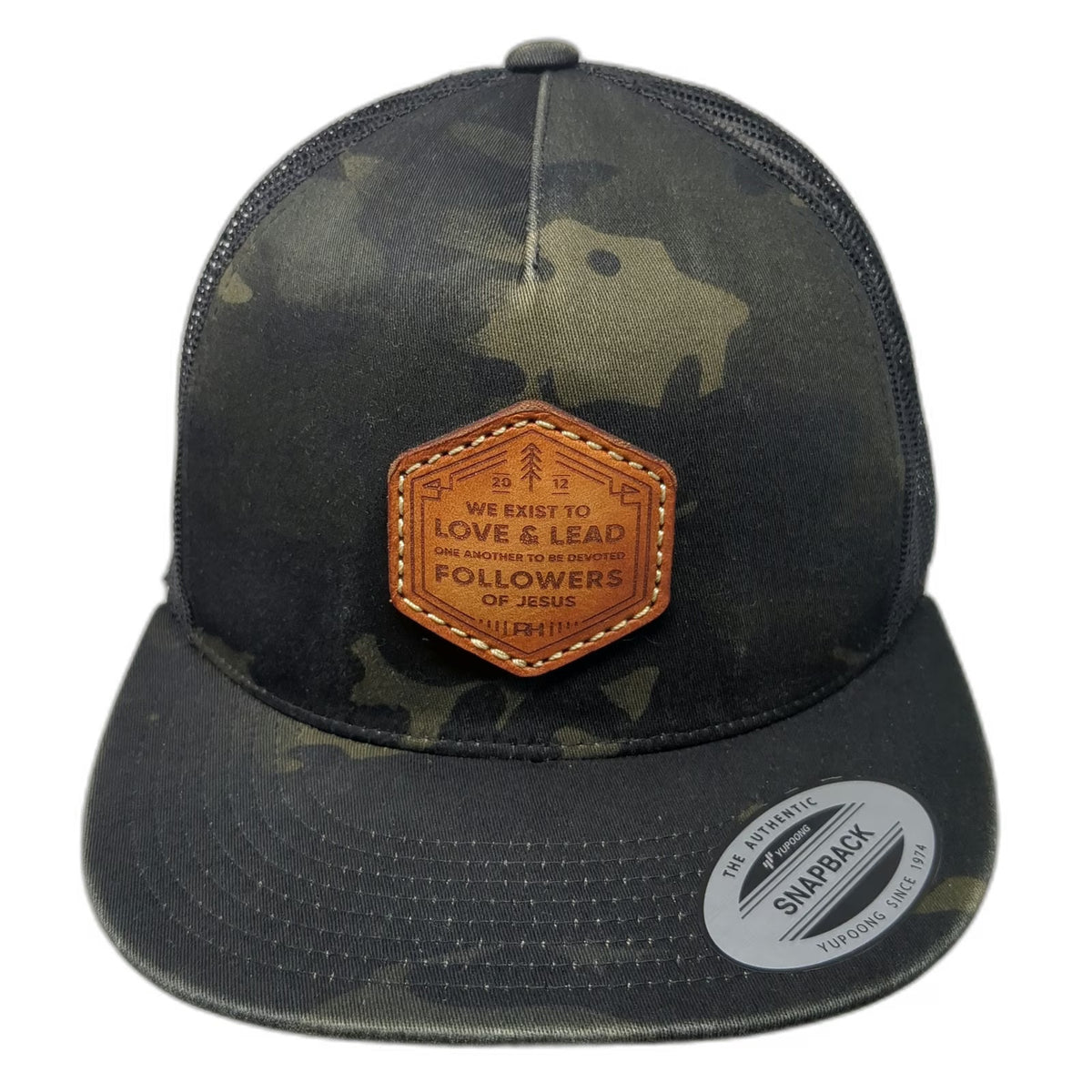 Yupoong Trucker Hat Black One Size Camo Leather Followers of Jesus Snapback Mesh