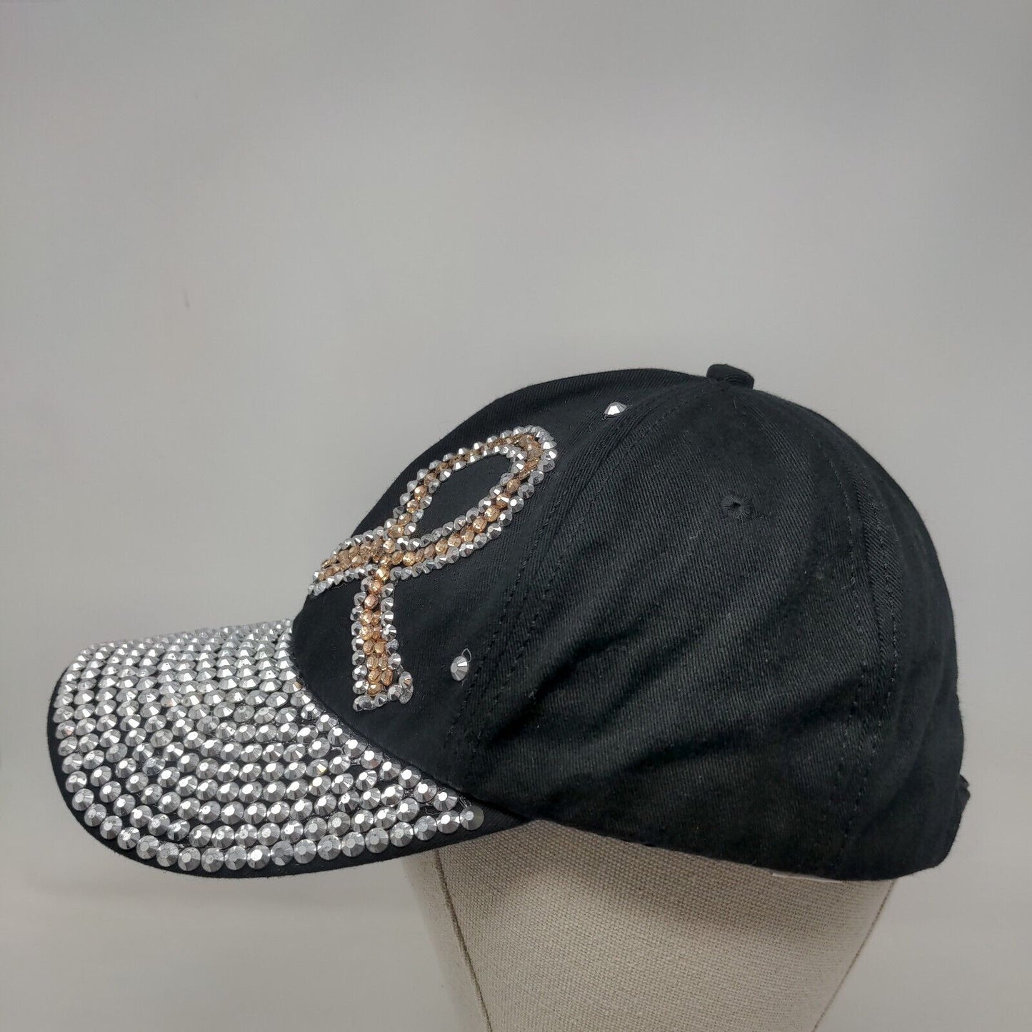 Breast Cancer Awareness Ribbon Slideback Hat Black One Size Bling Rhinestone