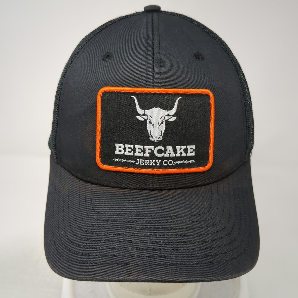 Richardson Trucker Hat Black One Size Beefcake Jerky Co Bull Patch Snapback