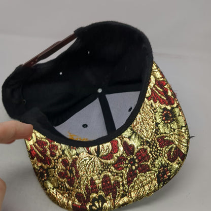 Snapback Black Gold Red OS Floral Brocade Flat Brim Strickly Bizness Logo Hat