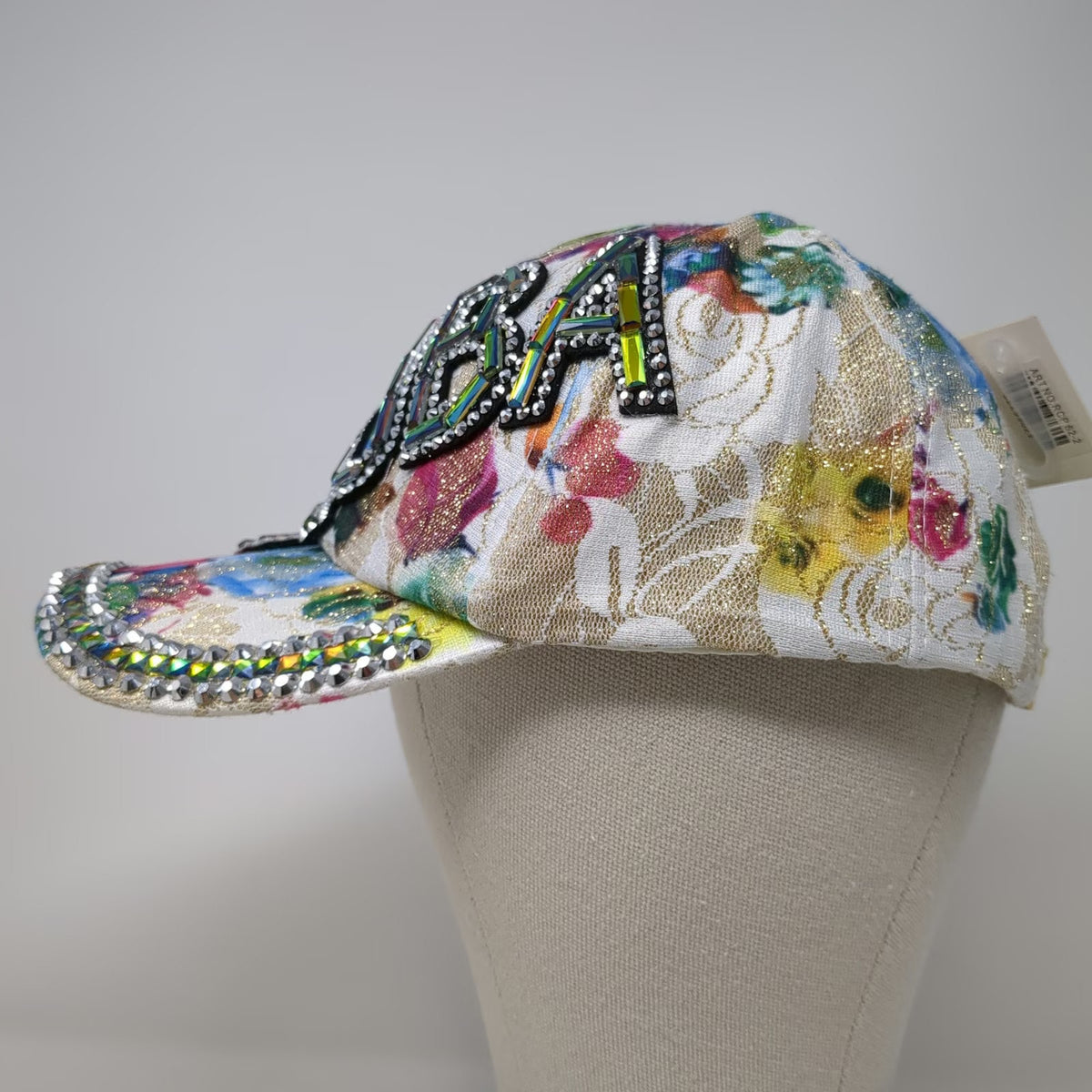 White Baseball Cap OSFM Aruba Rhinestone Gem Floral Sparkle Bling Embellished