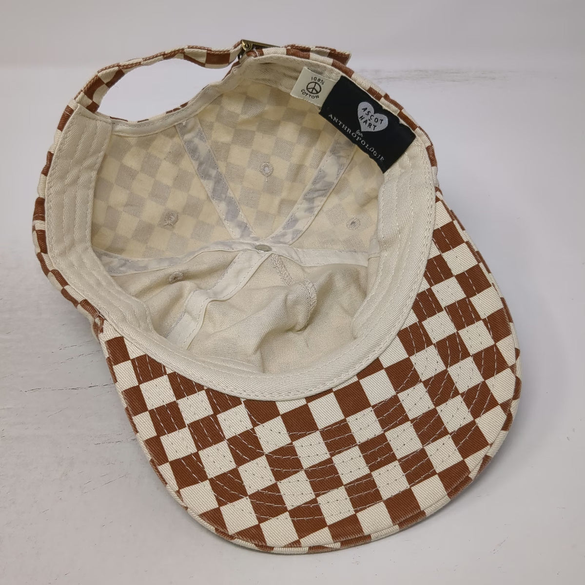 Ascot + Hart Anthropologie 5 Panel Brown Red Heart Checkerboard Hat Strapback