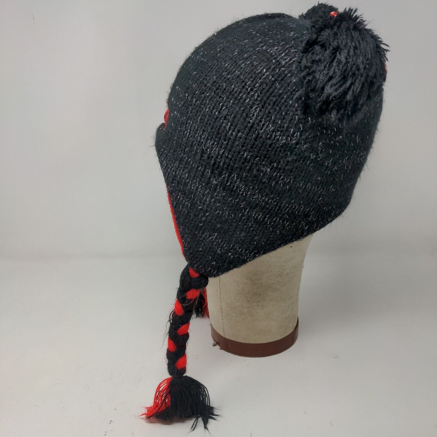 Disney Girls Knit Beanie Cap Black Red Size 4-16 Ear Flaps Fleece Lined