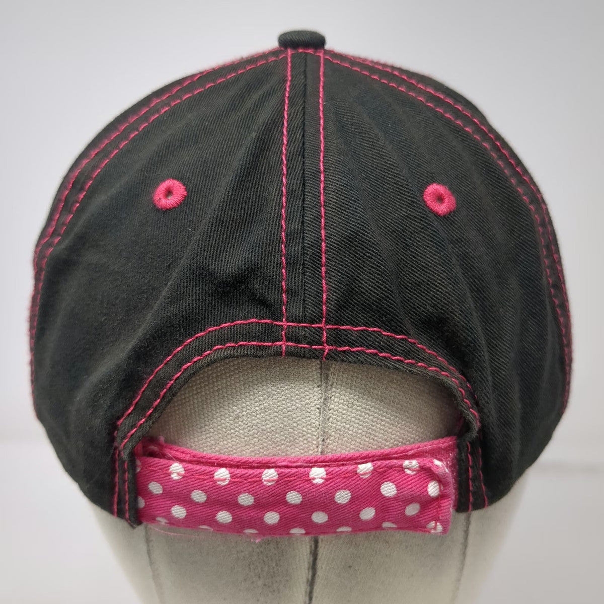 CAT Baseball Cap Black Pink OSFM Embroidered Logo Polka Dot Strap Stitching Hat