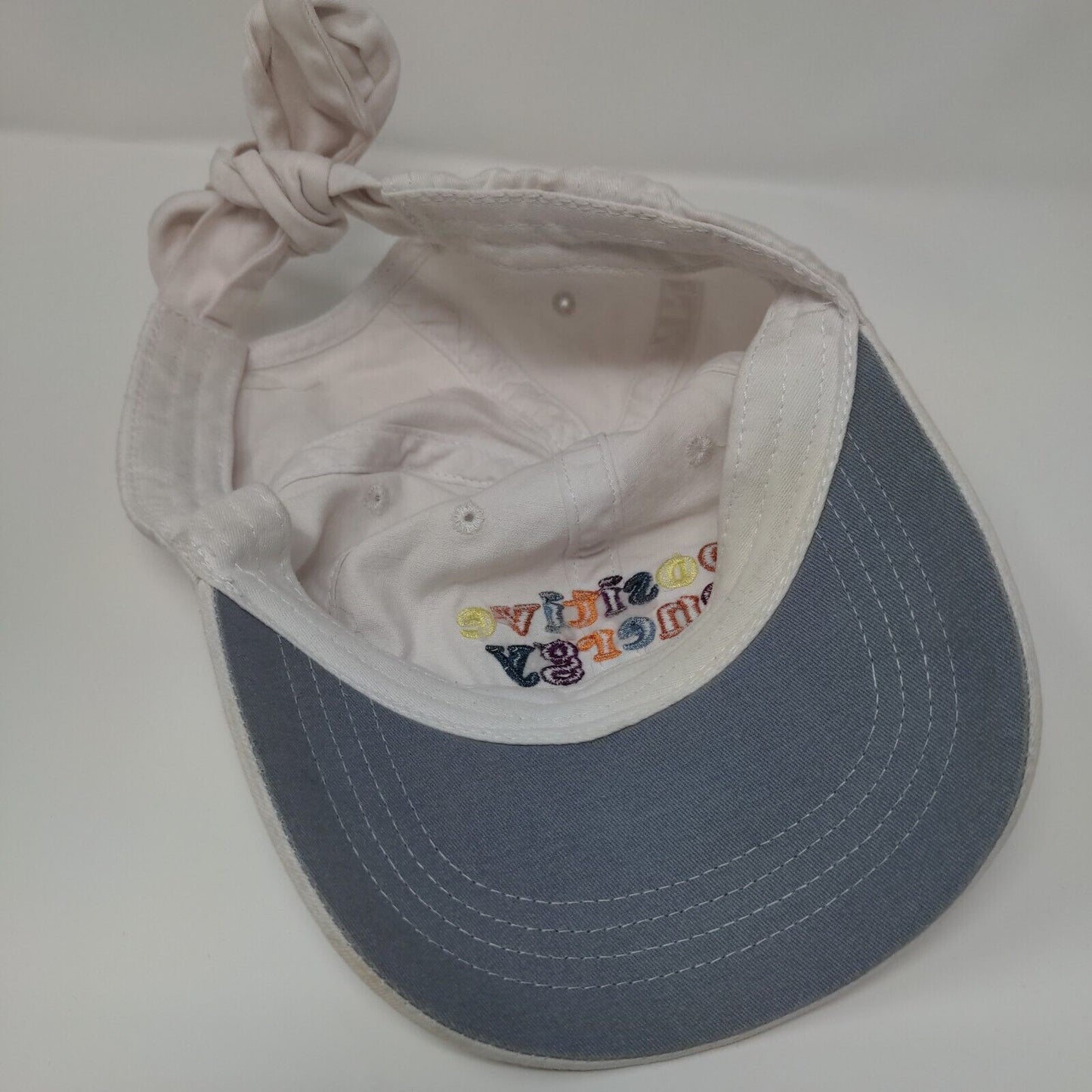 Positive Energy Tie Back Hat White OSFM Embroidered Colorful Font