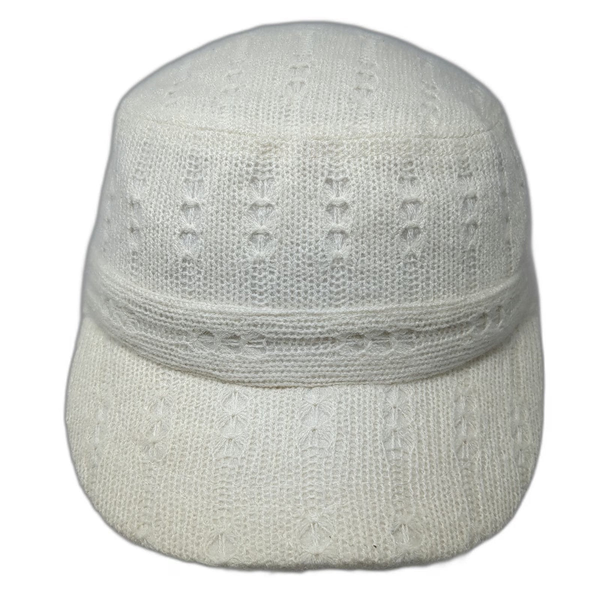 Army Cap White One Size Knit Pointelle Lace Pattern Polyester Elastic Back Hat