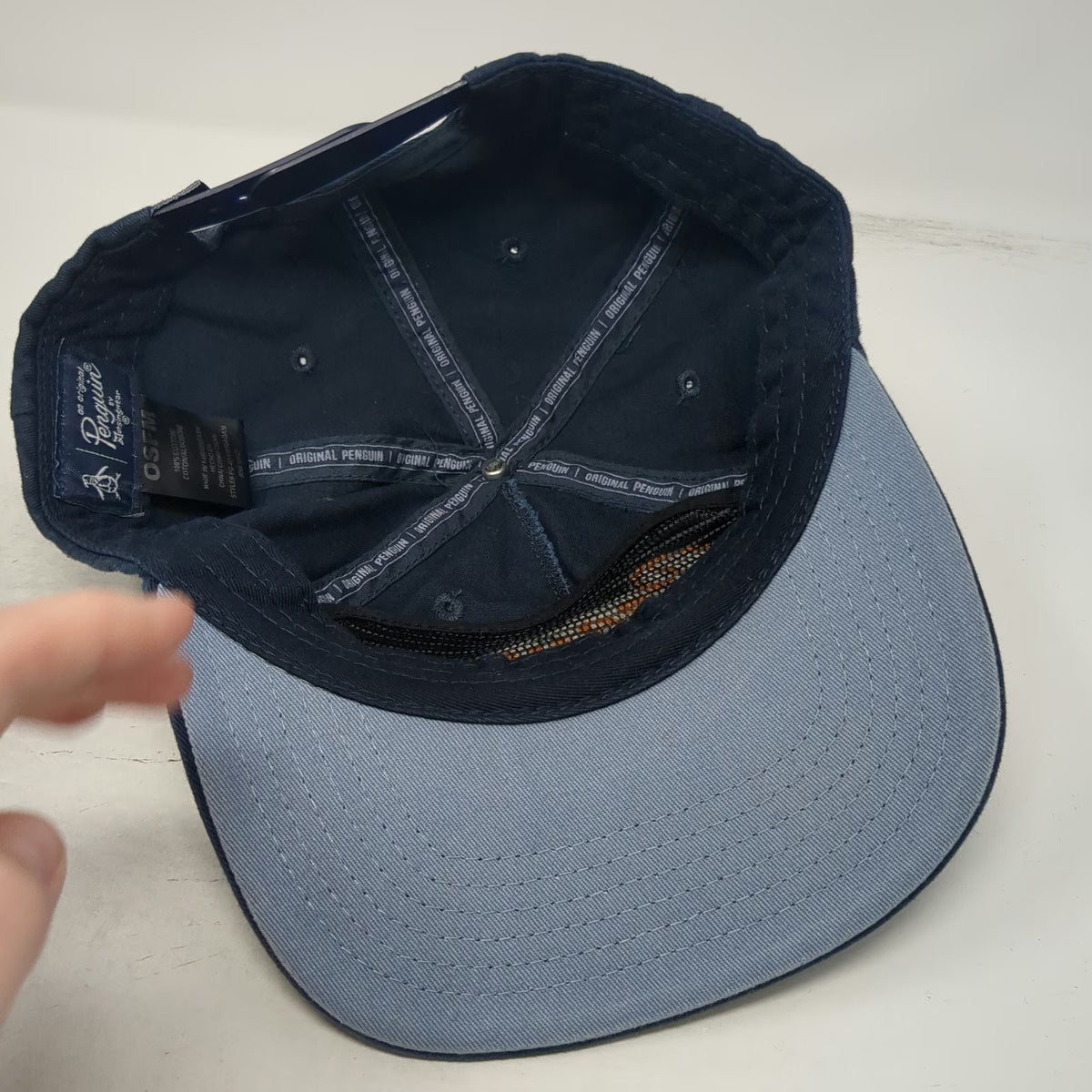 Original Penguin 5 Panel Blue One Size Hat Snapback Embroidered Script Logo