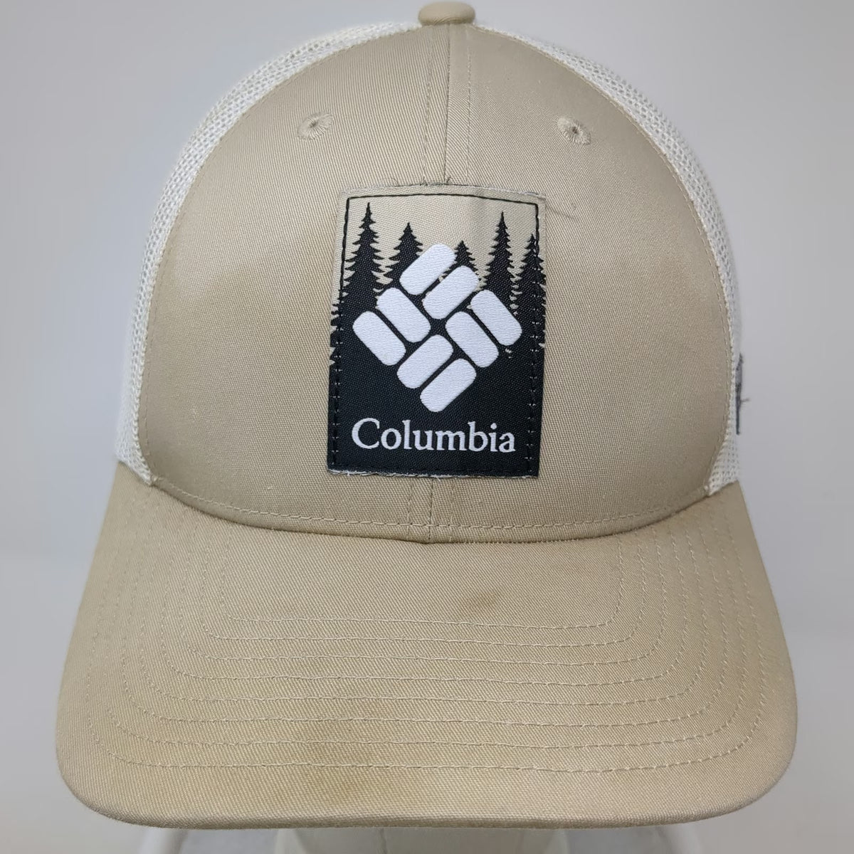 Columbia Trucker Hat Beige One Size Snapback Mesh Forest Patch Logo Structured