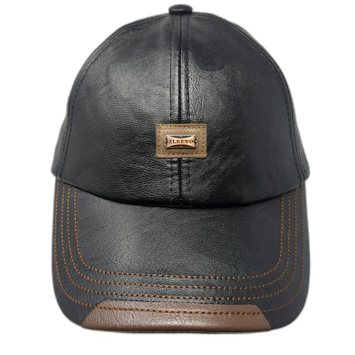 Zleevo Baseball Cap Black One Size PU Leather Brown Stitching Slideback Hat