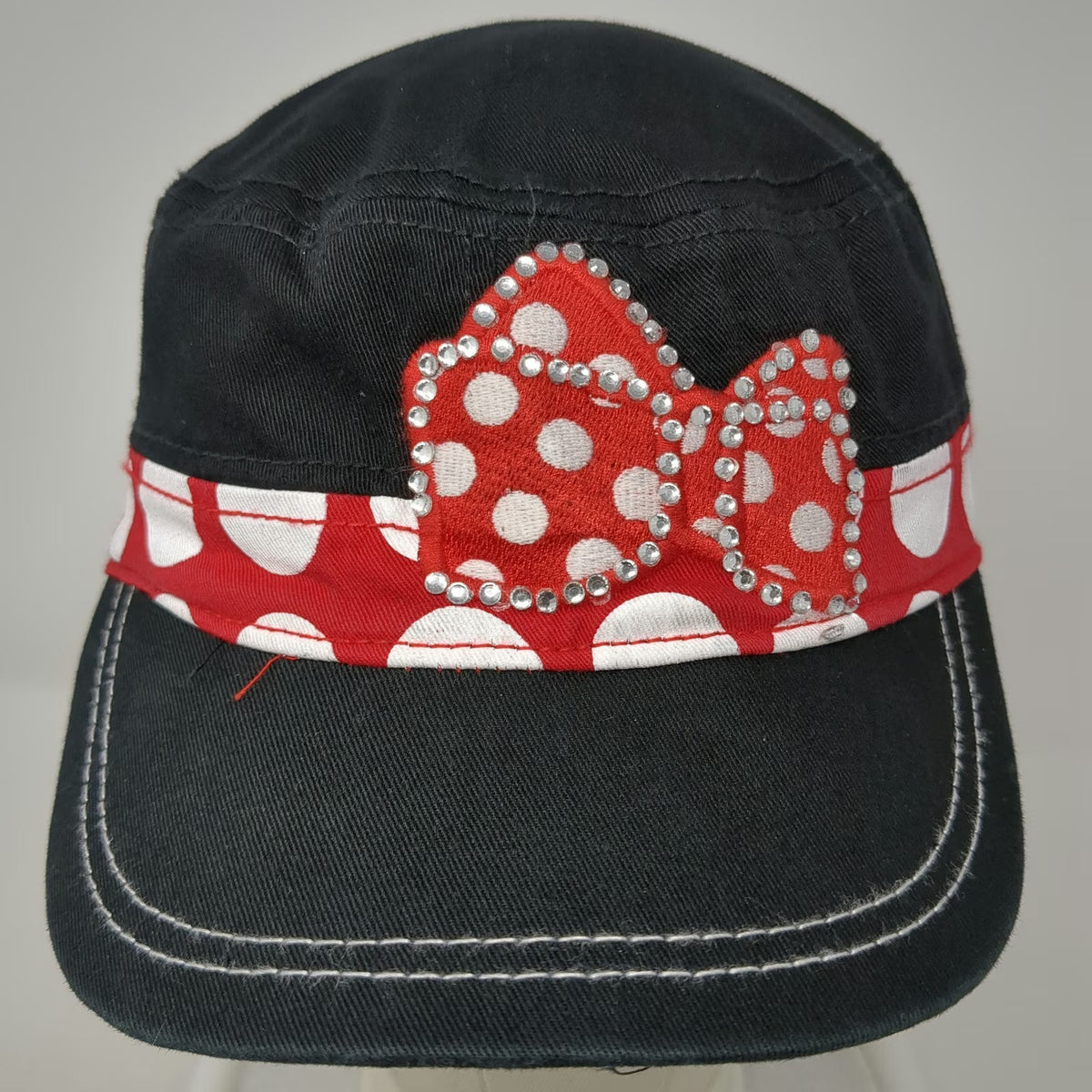 Disney Parks Army Cap Black Red White One Size Polka Dot Bow Rhinestone Hat