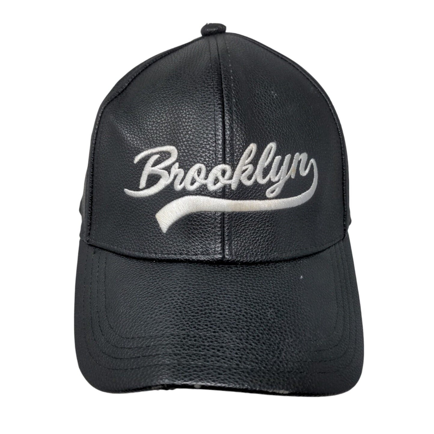 Brooklyn Slideback Hat Black OS Adjustable Faux Leather Embroidered 6 Panel