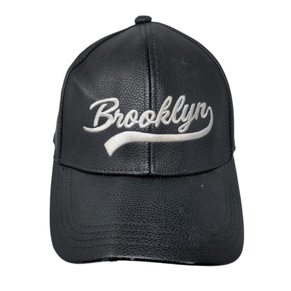 Brooklyn Slideback Hat Black OS Adjustable Faux Leather Embroidered 6 Panel