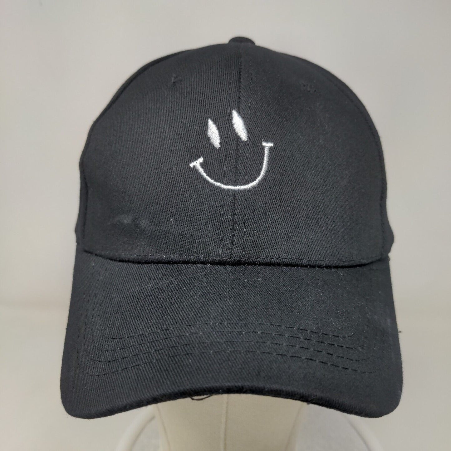 Smiley Slideback Hat Black One Size Embroidered Adjustable 6 Panel
