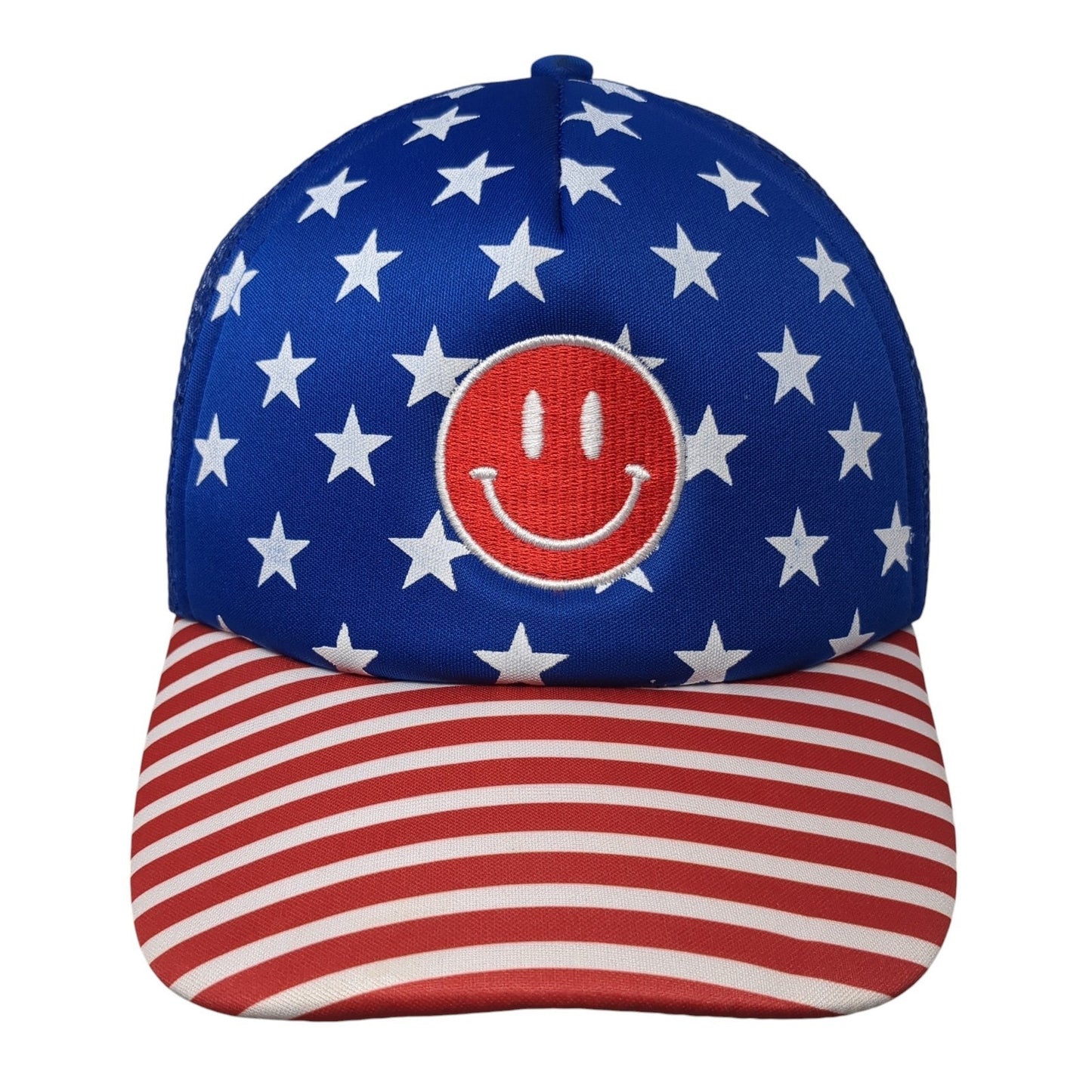 Smiley Face Stars & Stripes Trucker Hat Multicolor One Size Mesh Back Patriotic