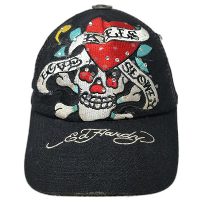 Ed Hardy Trucker Hat Black One Size Rhinestone Skull Heart Tattoo Graphic