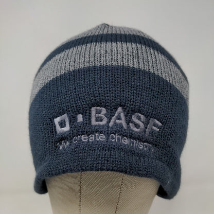 Port Authority Men's Knit Beanie Hat Cap Blue Gray Striped Acrylic Embroidered