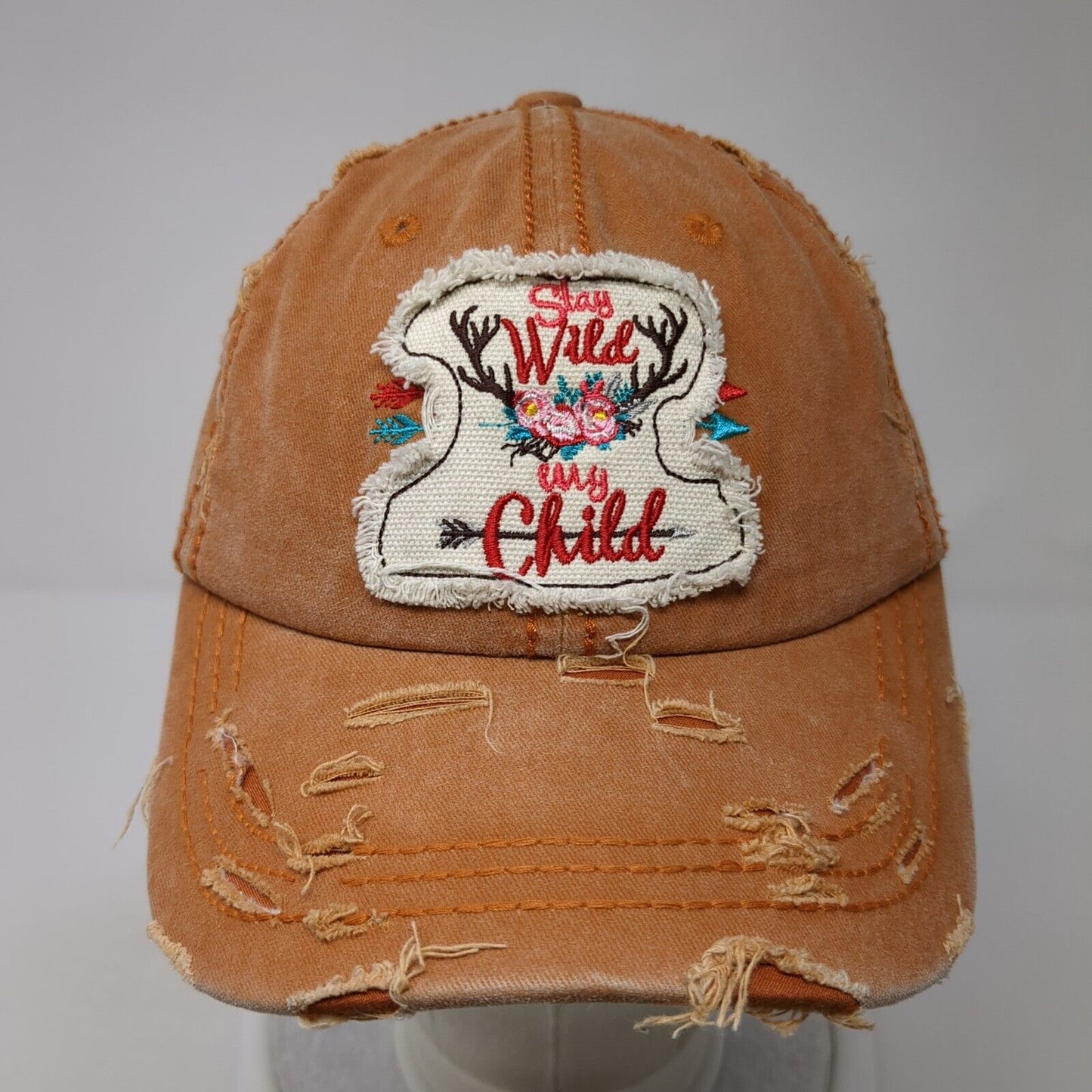 Stay Wild My Child Strapback Hat Brown OS Adjustable Distressed 4350 District