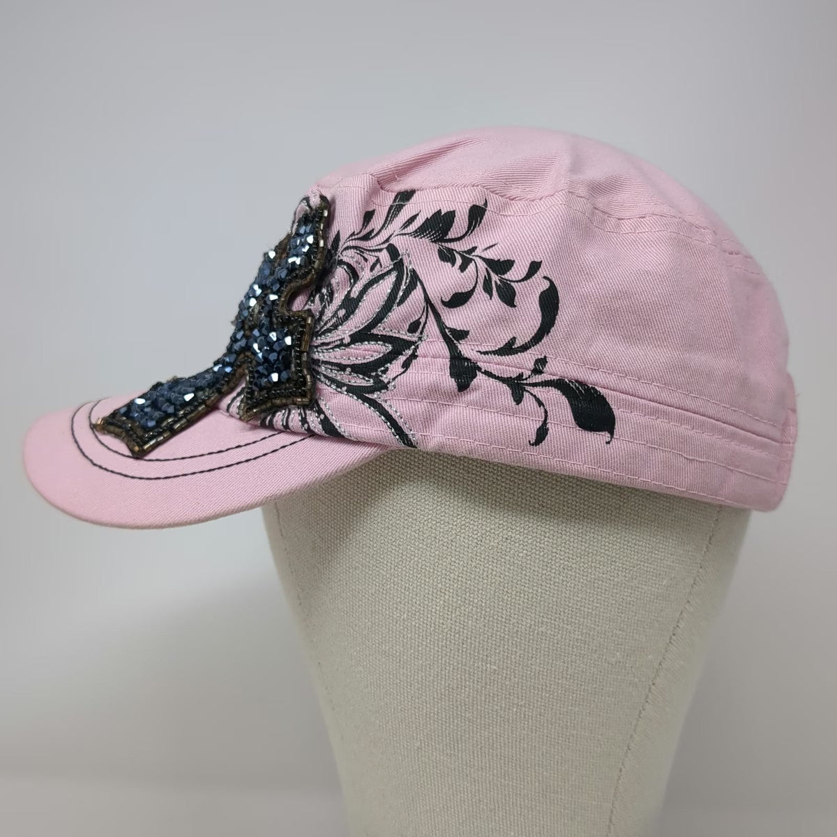 Kbethos Army Cap Pink One Size Beaded Cross Floral Glitter Cotton Adjustable Hat