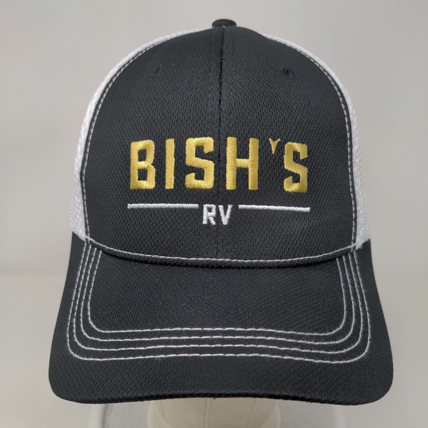 Bish's RV Snapback Mesh Back Trucker Hat Black White Embroidered Logo