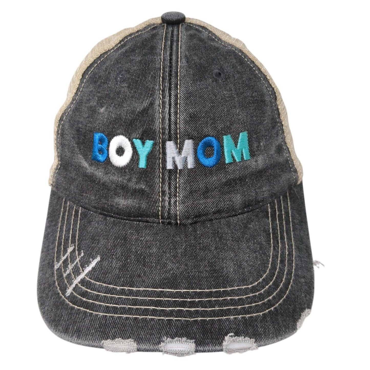 Boy Mom Strapback Trucker Hat Multicolor OS Adjustable Mesh Back Distressed